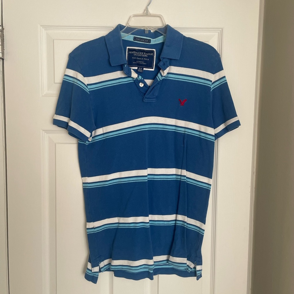 Mens Blue Striped American Eagle Polo